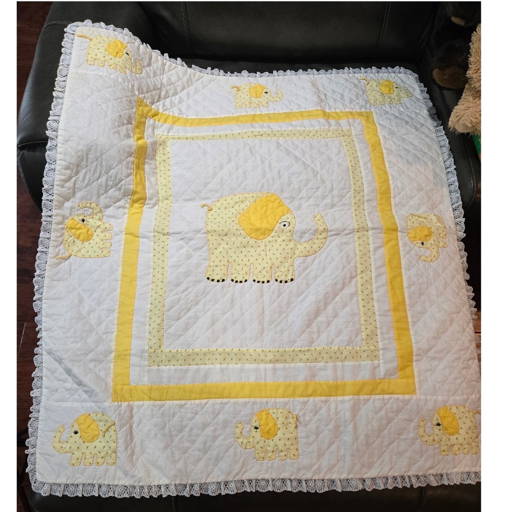 Vintage Yellow White Elephant Baby Quilt Applique Lace 40" square
